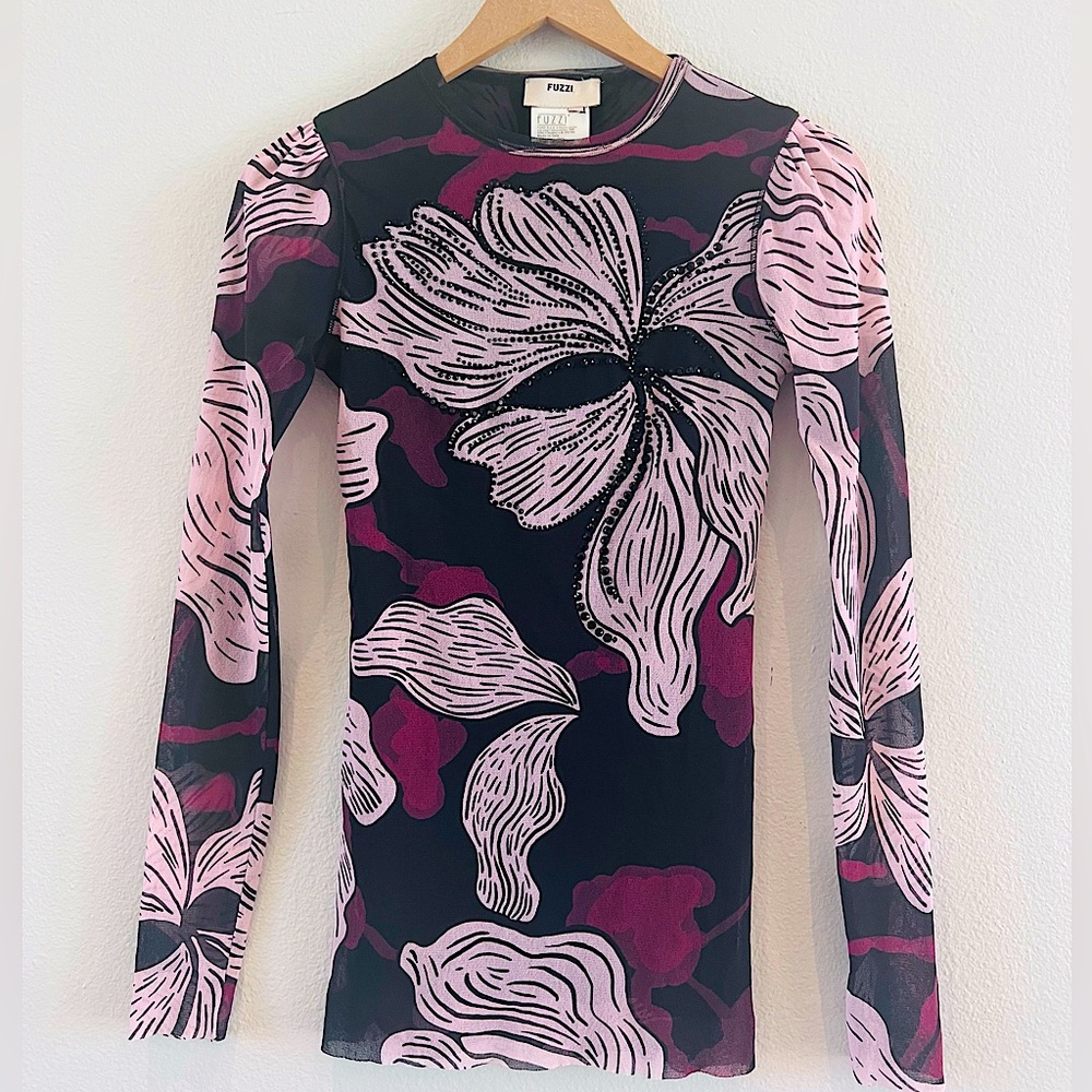 Fuzzi Dark Floral Tulle Mesh Bejeweled Top